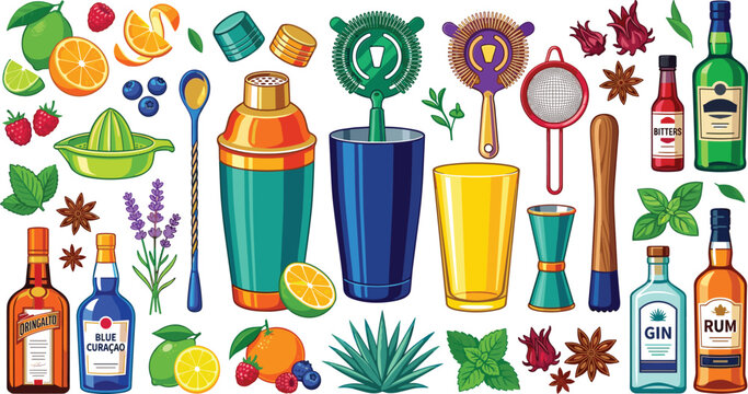 Professional Bartender Cocktail Shaker Set and Mixology Bar Tools Kit with Liquor Bottles Strainers Jigger Muddler and Fresh Ingredients Vector Illustration