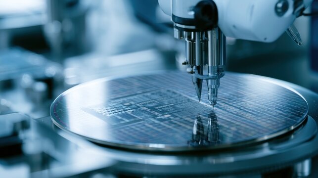 Robotic arm working on silicon wafer in cleanroom
