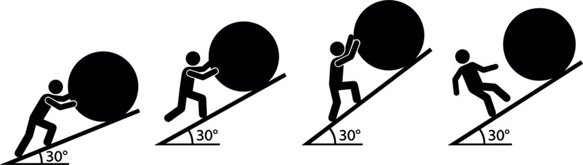 Sisyphus Myth Stick Figure Icon Set Showing Man Pushing Heavy Boulder Up Incline Slope and Falling for Physics or Business Metaphor Graphic Designs © EdGe Creative
