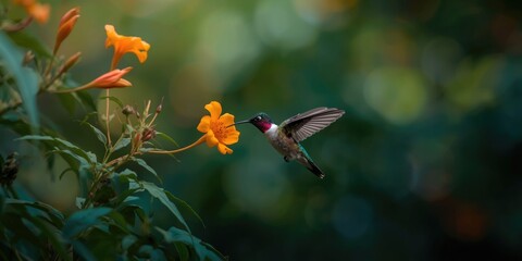 Fototapeta premium Hummingbird hovering near vibrant orange flower