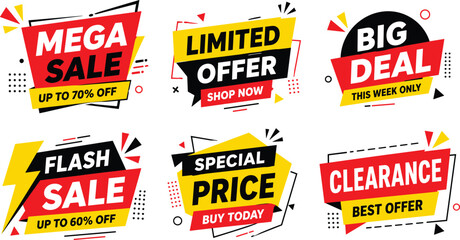 Modern sale banners with bold typography and graphic elements.