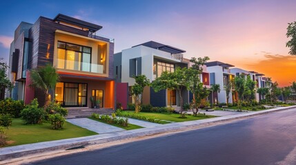 Fototapeta premium Colorful modern townhouses in a suburban neighborhood at dusk