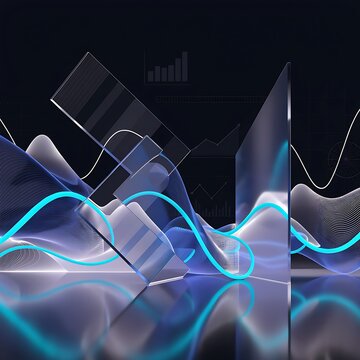 Conceptual financial data visualization with glass surfaces and neon light waves reflecting market trends and sophisticated stock performance analysis abstract technology