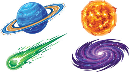 Outer Space Cosmic Vector Element Set with Ringed Planet Blazing Sun Fiery Comet and Spiral Galaxy Vortex for Astronomy Education and Science Fiction Graphic Designs © EdGe Creative