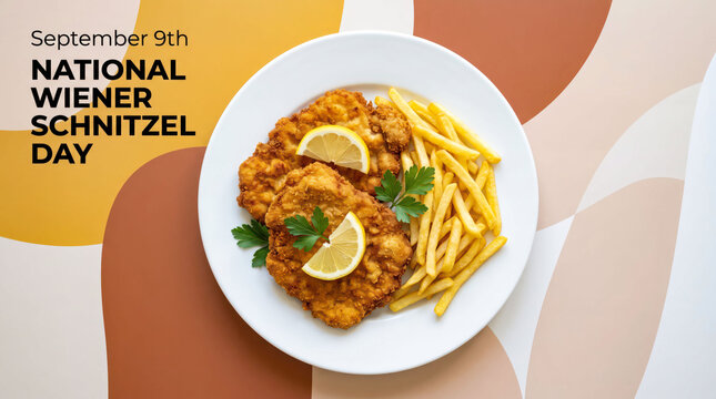Plate of wiener schnitzel with lemon and pasta for national wiener schnitzel day