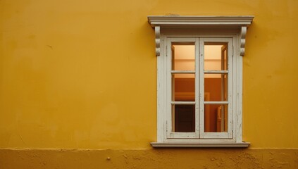 Fototapeta premium Yellow wall with a classic white wooden window and warm amber glass against a decorative paint backdrop
