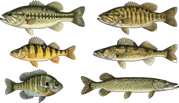 Detailed freshwater game fish illustrations collection featuring largemouth bass yellow perch and northern pike isolated on white background vector