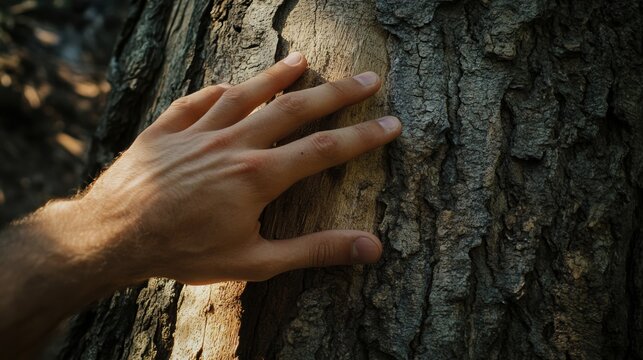 Human hand gently touching rough tree bark surface