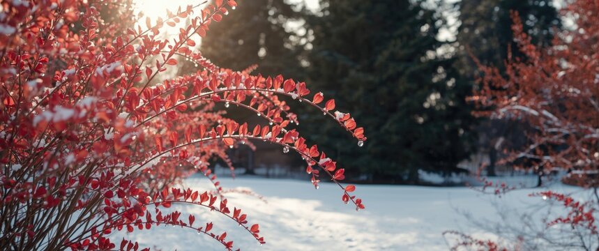 Radiant dogwood stems in red contrast a snowy garden view featuring tall evergreen trees