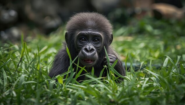 Young gorilla sitting in tall green grass