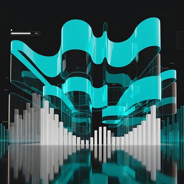 Data visualization of financial markets featuring glowing cyan wave ribbons over a sequence of rising white bar charts on dark reflective surface analytics business technology