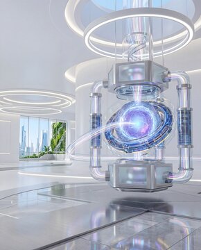 Futuristic quantum computing core inside advanced technology laboratory