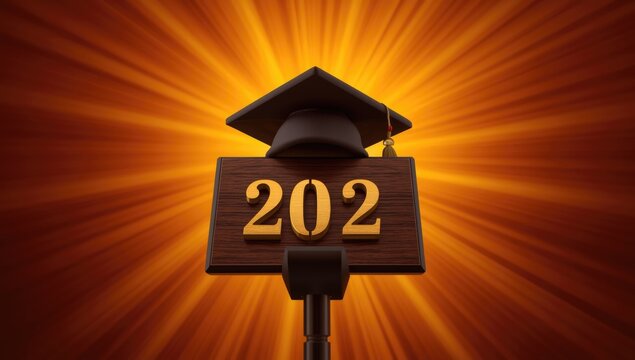Graduation cap and sign with class year 202 on a colorful background