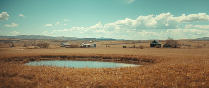 Spacious brown farmland with a small pond and faraway architectural features