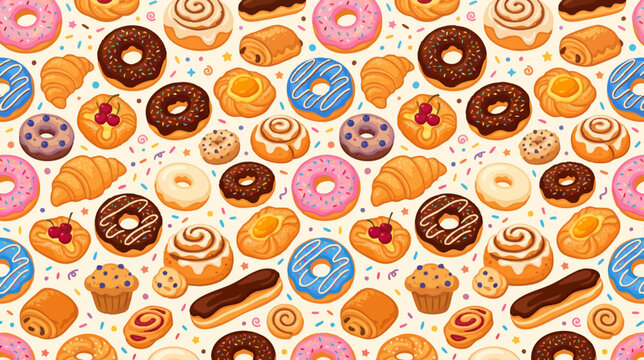 Seamless donut vector background featuring glazed donuts, chocolate donuts, sprinkled donuts, and assorted sweet pastries
