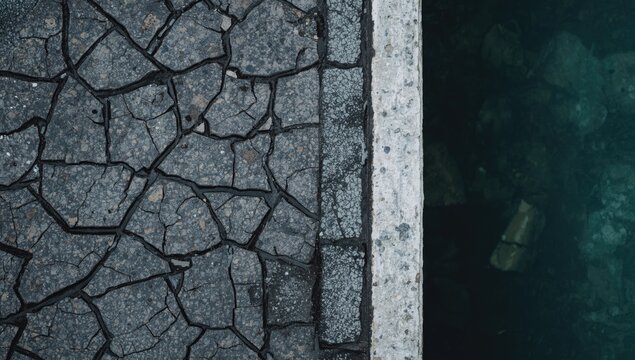 Cracked pavement next to clear water edge
