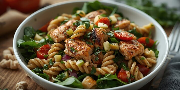 Pasta salad with grilled chicken and fresh vegetables