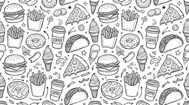 Seamless food themed vector background featuring hand drawn burgers, pizza slices, french fries, donuts, coffee cups, tacos, and ice cream