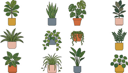 Fototapeta premium Potted Houseplants Vector Icon Set Featuring Monstera Snake Plant Fiddle Leaf Fig and String of Pearls for Interior Decor Illustration