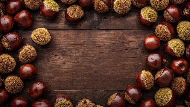 Sweet chestnuts arranged naturally on wooden background offering open area for text placement