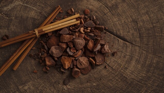 Wooden shavings and sticks on a wooden surface