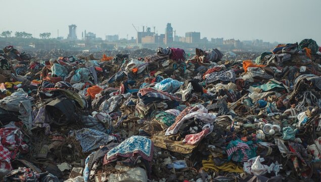 Mountain of discarded clothing at a landfill site