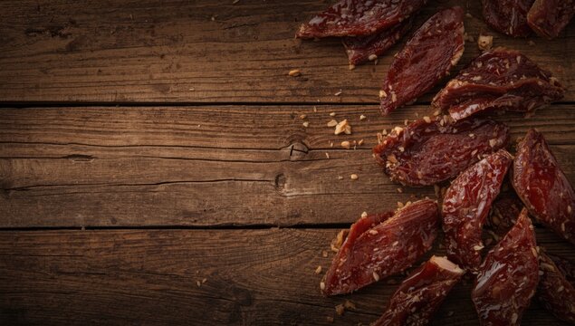 Smoked duck jerky slices arranged on rustic plank table including copy space for food content
