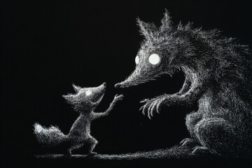 Naklejka premium Small fox meets giant wolf in stark black-and-white scene. Fox stands brave, reaching toward the looming beast. Wolf's eyes glow bright, casting eerie, intense gaze. Both creatures feature detailed