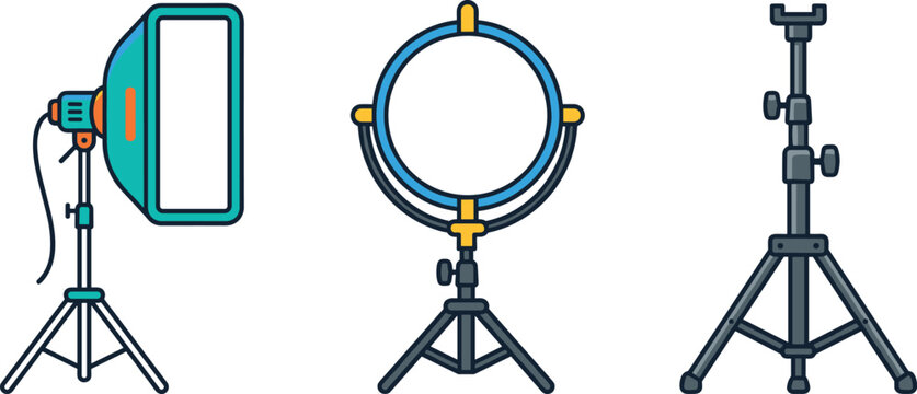 Photography Studio Lighting Vector Icon Set Featuring Professional Softbox Continuous Ring Light and Adjustable Tripod Light Stand for Video Production Templates