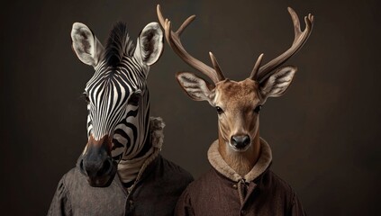 Naklejka premium Old-fashioned animal portrait with a zebra and deer donned in classic vintage dress