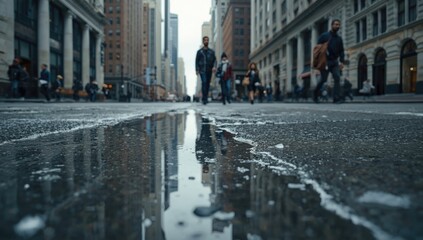 Obraz premium Reflections on wet pavement with melting ice and small stones in detailed urban scene including copy space