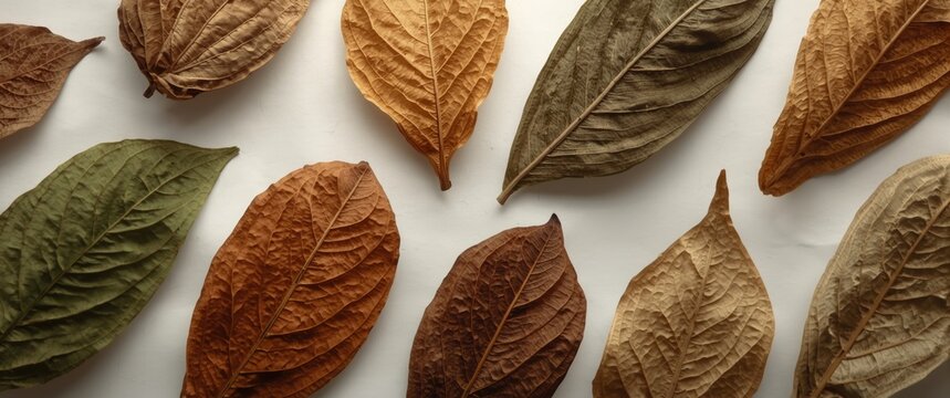 Tobacco leaf textures emphasized through fresh and dried Nicotiana tabacum on white backdrop