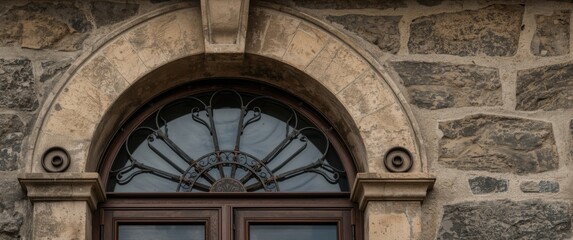 Obraz premium Arched wooden window with decorative stone frame
