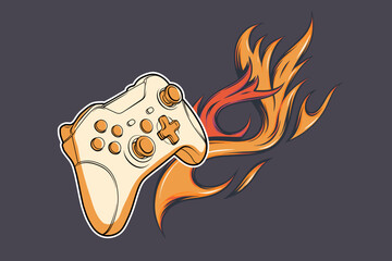 Perspective view stylized gamepad with burning flames background. Vector illustration for gaming design. © yarik
