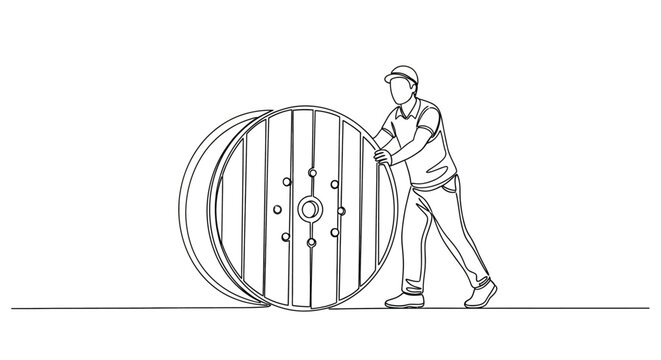 Man inspecting large wooden wine barrel closely.