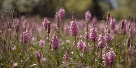Fototapeta premium Sunny springtime field showcasing vibrant pink and purple flower clusters