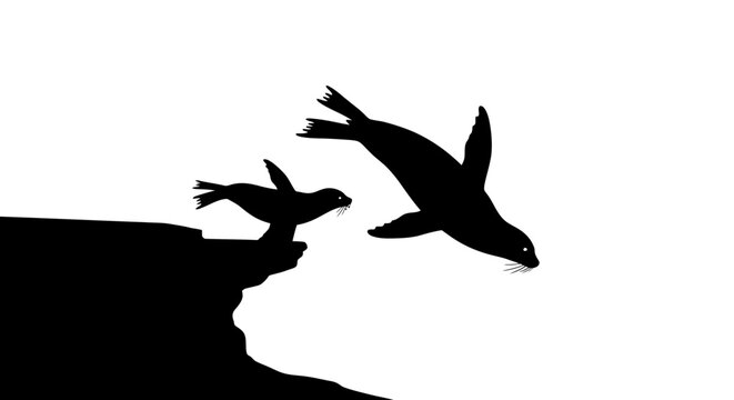 Silhouette of a penguin jumping off a cliff edge.