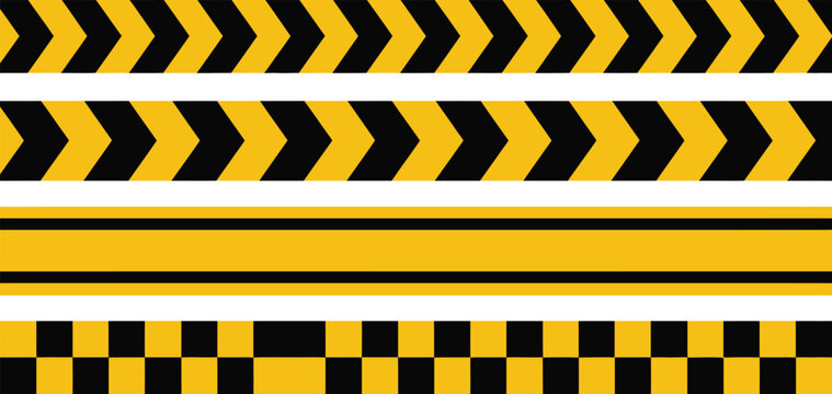 Yellow and black caution warning tapes set with chevron arrows solid lines and checkered patterns for construction zone border design.