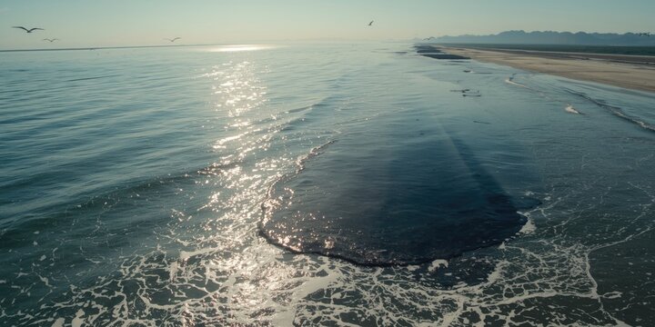 Calm ocean water reflecting sunlight during low tide