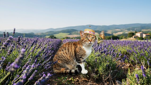 Munchkin Cat Sitting in Purple Lavender Field