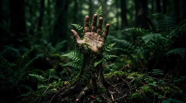 Terrifying undead hand emerging from the dark woods