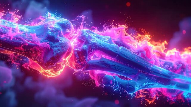 Glowing abstract illustration of skeletal forms with vibrant colors and nebulous effects