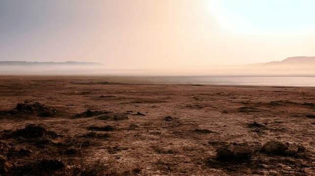 A vast desolate landscape of scorched earth features a shimmering mirage reflecting the intense heat and capturing a sense of surreal beauty