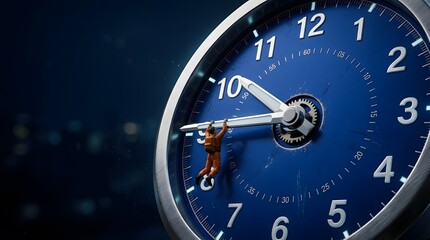 Fototapeta premium Tiny person fighting against time on a giant blue clock face