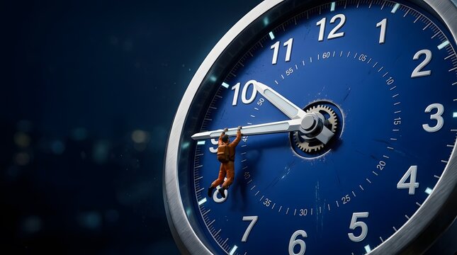 Tiny person fighting against time on a giant blue clock face