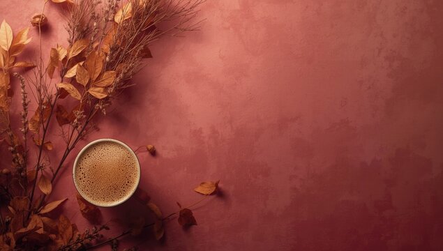 Overhead autumn composition with dry leaves and coffee latte on elegant dark pink background including copy space