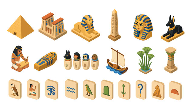 Egyptian hieroglyphic symbols and objects.