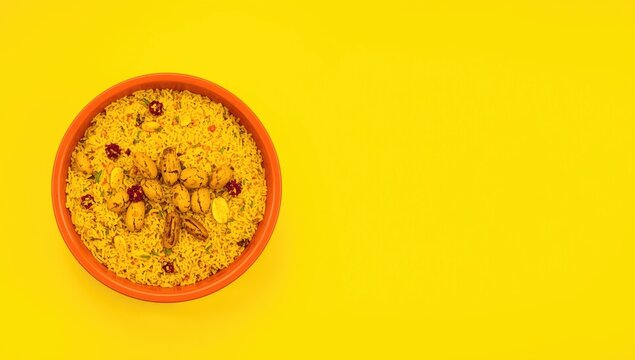 Tasty poha chivda with mixed nuts and traditional spices served in a vivid bowl on a glowing yellow background