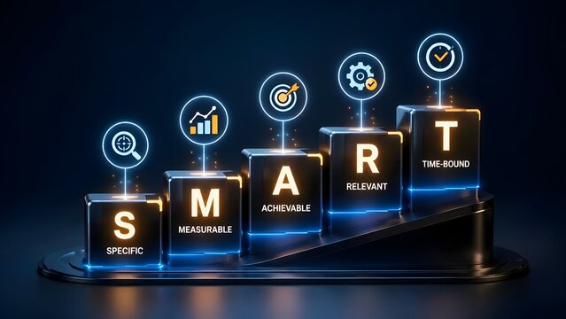 SMART goals framework concept with measurable achievable relevant time bound business planning strategy performance management and objective achievement