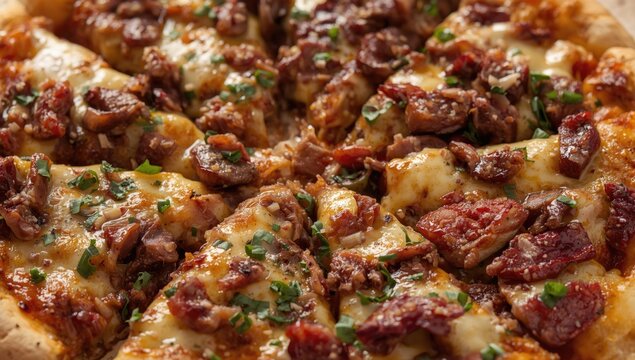 Meat lover's pizza with cheese and herbs slices